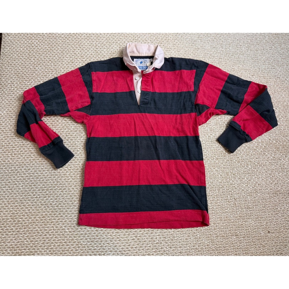 Vintage Lands End Rugby Shirt Mens S Red Blue Striped Made in USA Cotton polo